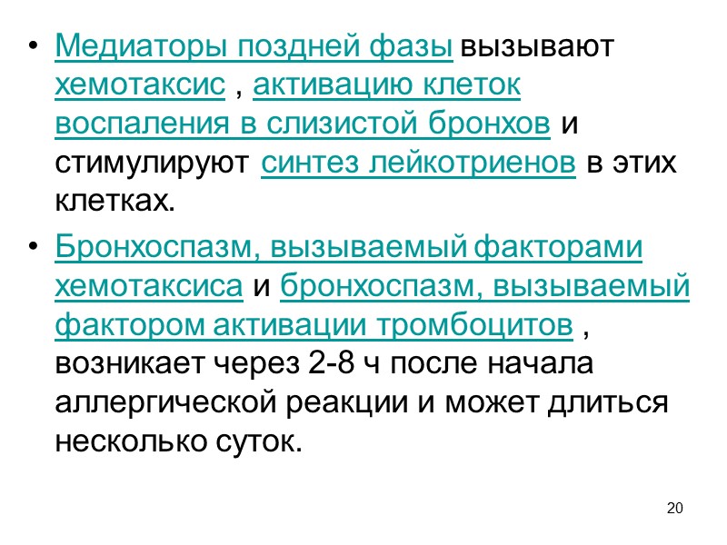 20 Медиаторы поздней фазы вызывают хемотаксис , активацию клеток воспаления в слизистой бронхов и